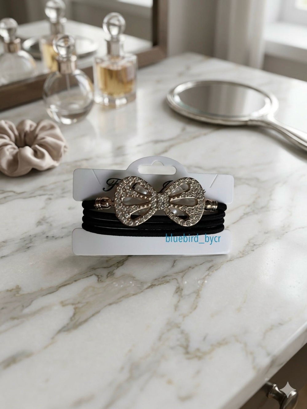 Adorable Rhinestone Bow Black Elastic Hair Tie Set